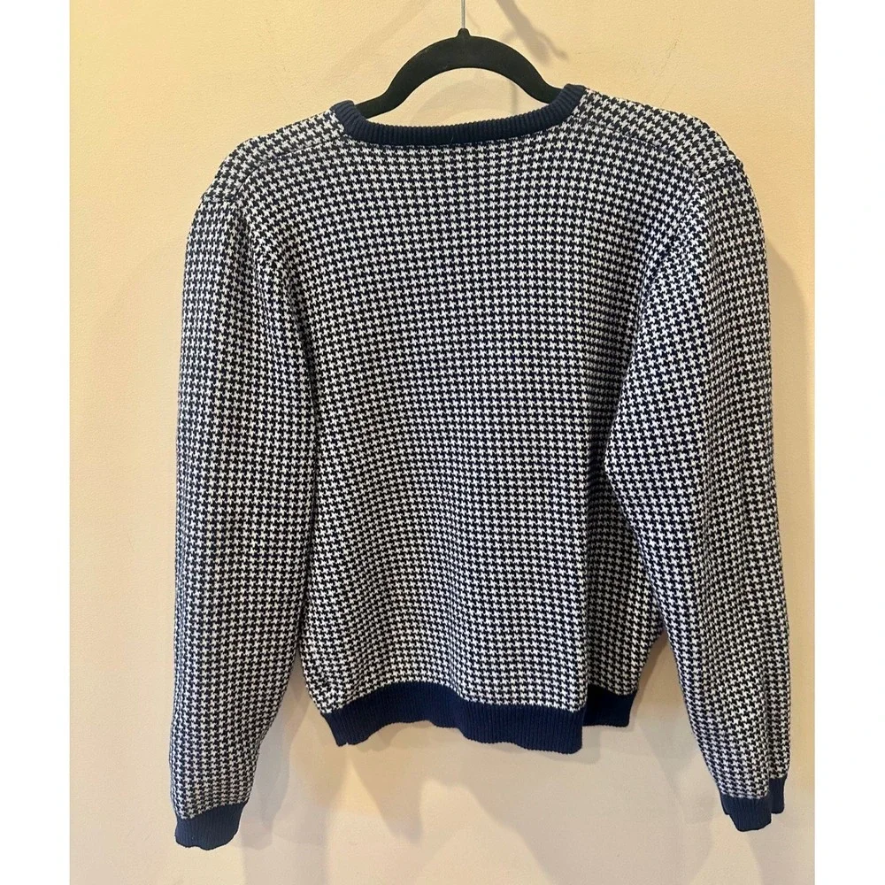 Vtg Nordstrom Point of View Navy Houndstooth‎ Cardigan Sweater Sz M 100% Cotton